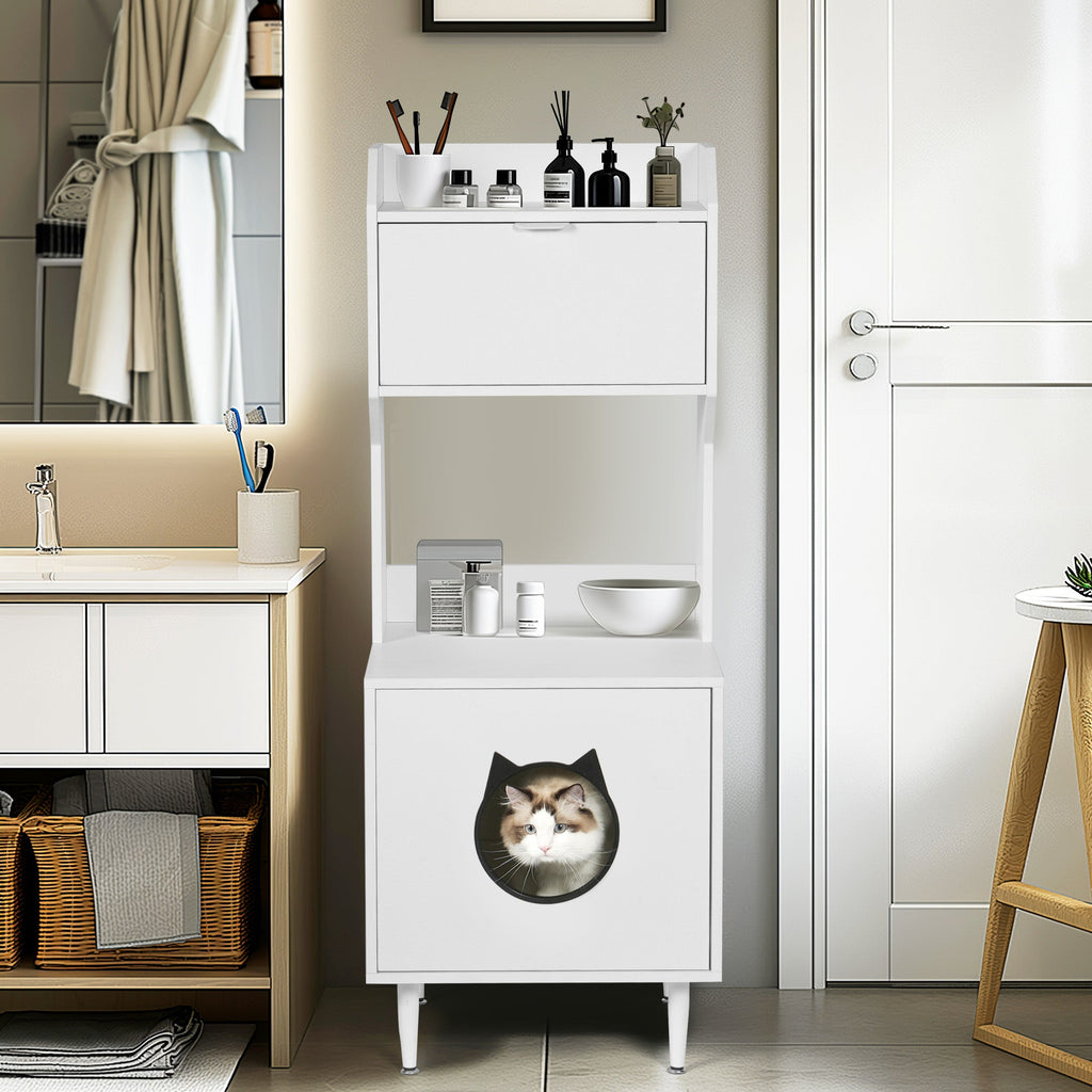 Wood Storage Cabinet, Cat House, and Litter Box Enclosure - Cat - (White) - (Vintage Style)