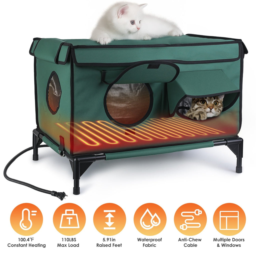 Weatherproof and Heated Shelter House - Multiple Cats - (Green - (While Supplies Last)