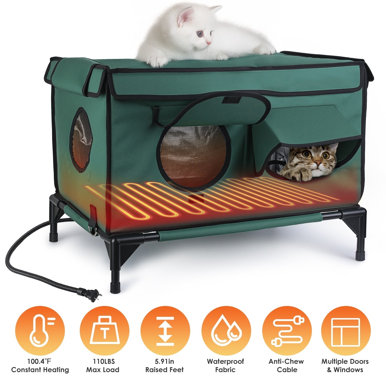 Weatherproof and Heated Shelter House - Multiple Cats - (Green - (While Supplies Last)