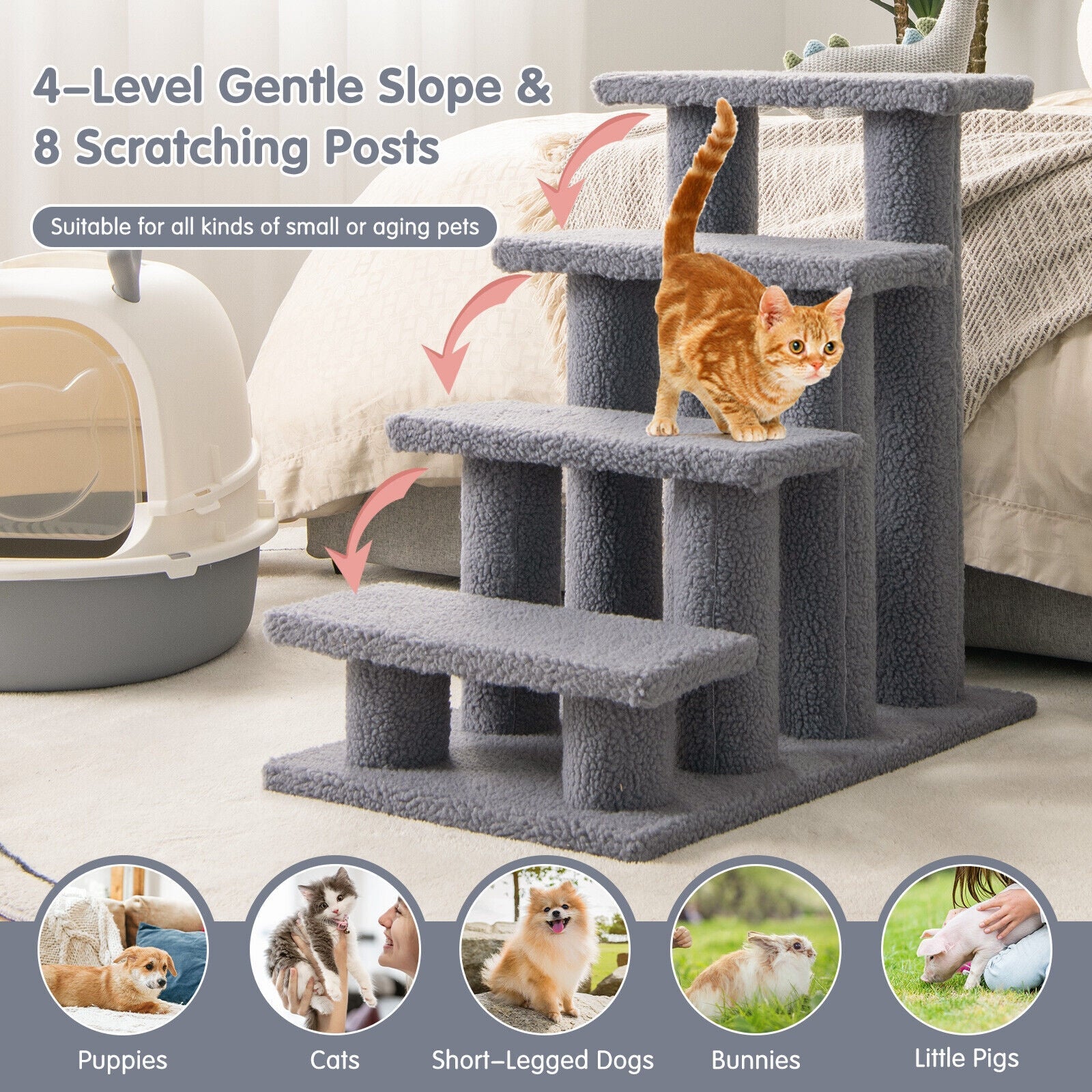 4-Step Pet Stairs with Scratching Post - Dog Cat  -  (Gbruno) - (Carpeted) - (Grey) - (While Supplies Last)