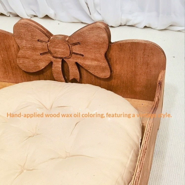 Solid Wood Vintage or Mid-Century Bed - Cat - (S, L) - (Walnut Colored Stain)