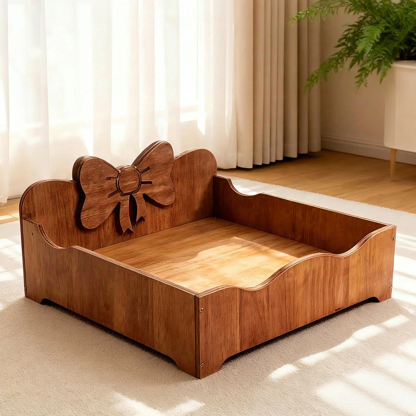 Solid Wood Vintage or Mid-Century Bed - Cat - (S, L) - (Walnut Colored Stain)