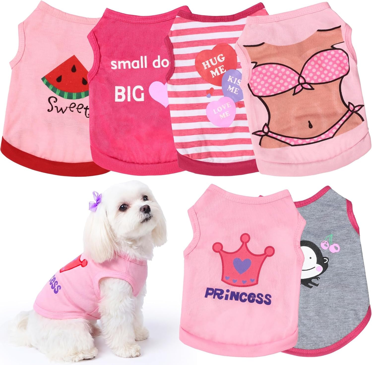 6 Pack Summer Shirt Vest - Dog Cat - (4 Pattern Options) - (XS-L) - (Pink)