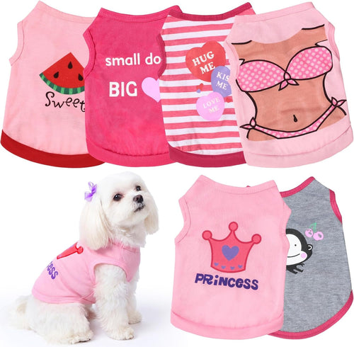 6 Pack Summer Shirt Vest - Dog Cat - (4 Pattern Options) - (XS-L) - (Pink)