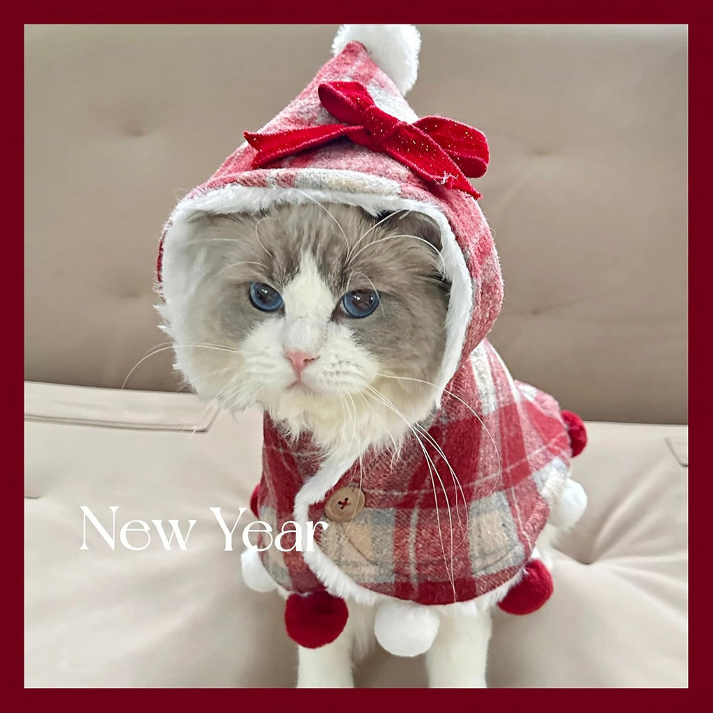 Hooded Plaid Cape Lined with Sherpa,and Pom-Pom Accents - Dog Cat - (M-XL) - (While Supplies Last)