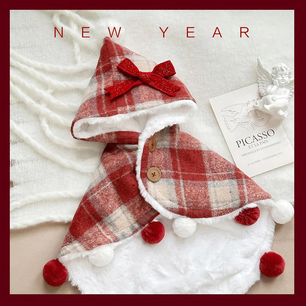 Hooded Plaid Cape Lined with Sherpa,and Pom-Pom Accents - Dog Cat - (M-XL) - (While Supplies Last)