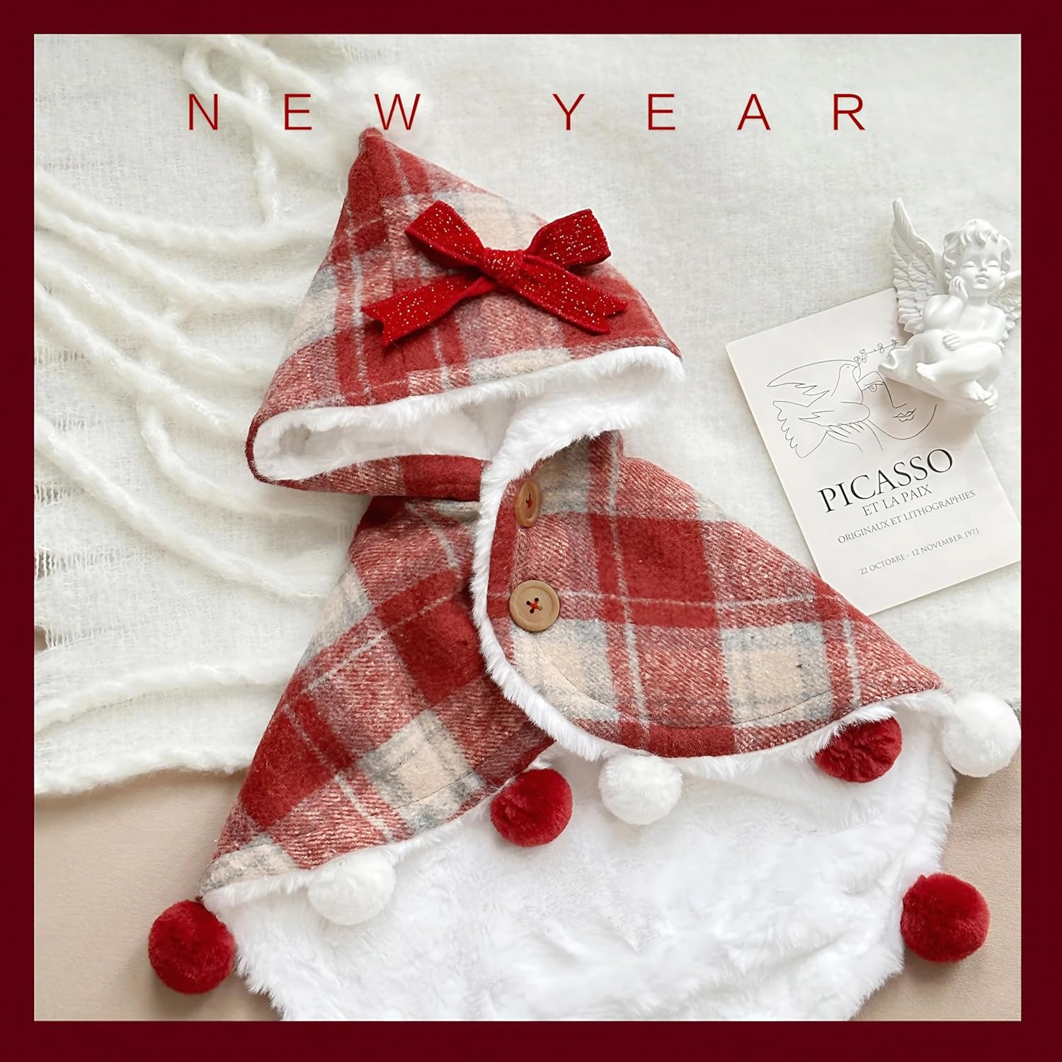 Hooded Plaid Cape Lined with Sherpa,and Pom-Pom Accents - Dog Cat - (M-XL) - (While Supplies Last)