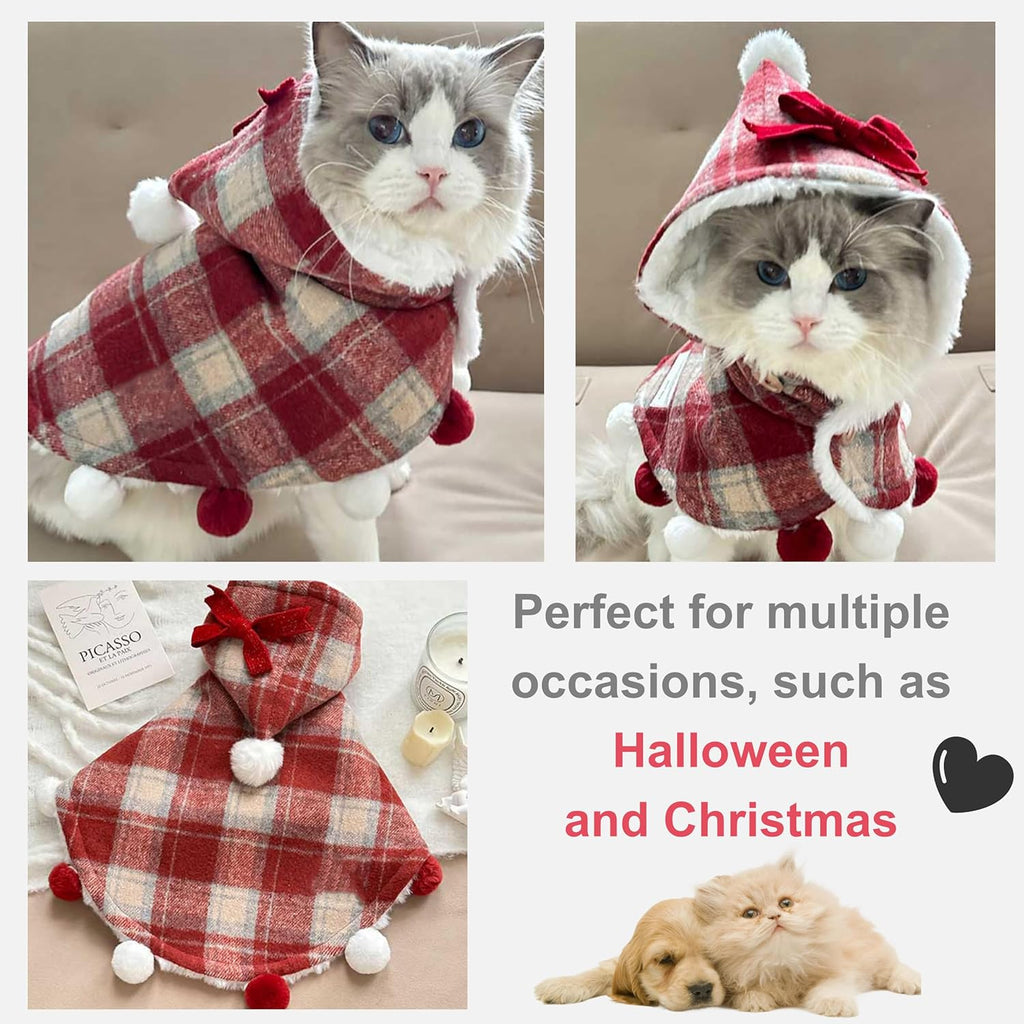 Hooded Plaid Cape Lined with Sherpa,and Pom-Pom Accents - Dog Cat - (M-XL) - (While Supplies Last)