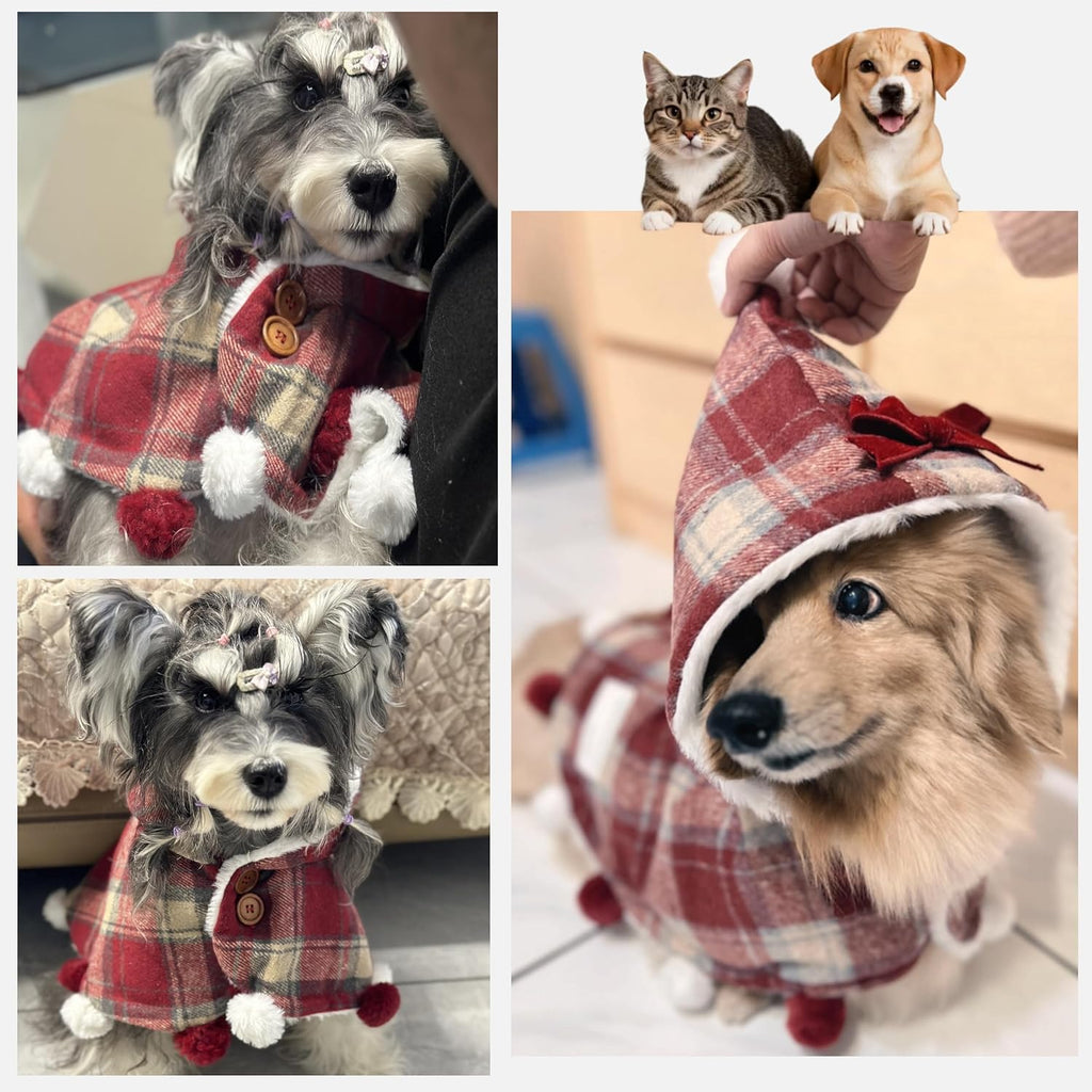 Hooded Plaid Cape Lined with Sherpa,and Pom-Pom Accents - Dog Cat - (M-XL) - (While Supplies Last)