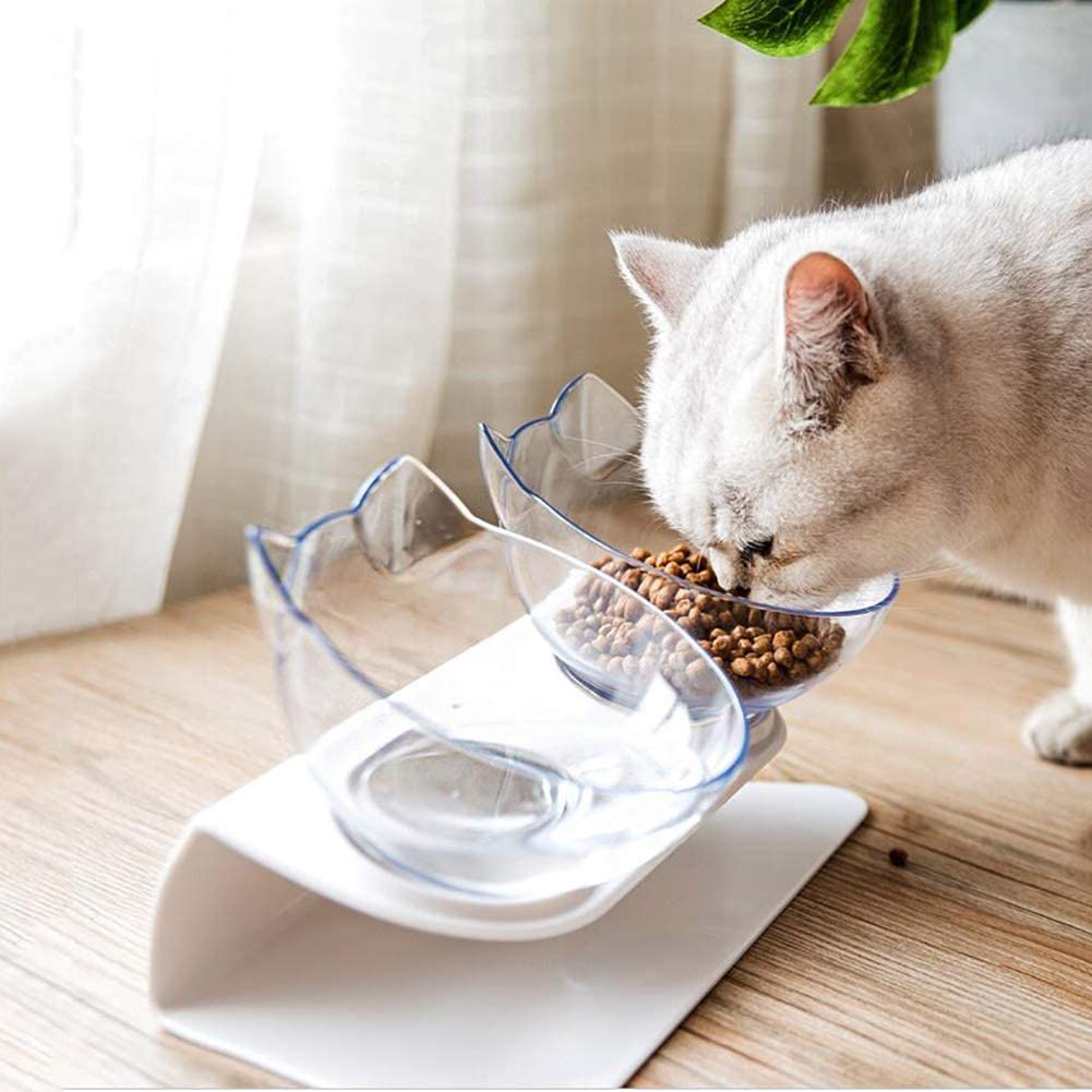 Non-Slip Elevated One Base Dual Cat Bowls - (25 Color/Style Options)