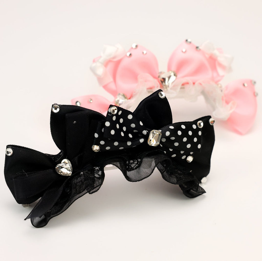 Black Polka Dot or Pink Bow Hair Clip with Rhinestones - (Pink, Black) - Dog Cat  (While Supplies Last)