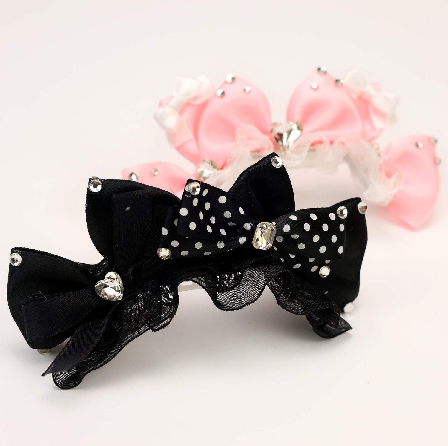 Black Polka Dot or Pink Bow Hair Clip with Rhinestones - (Pink, Black) - Dog Cat  (While Supplies Last)