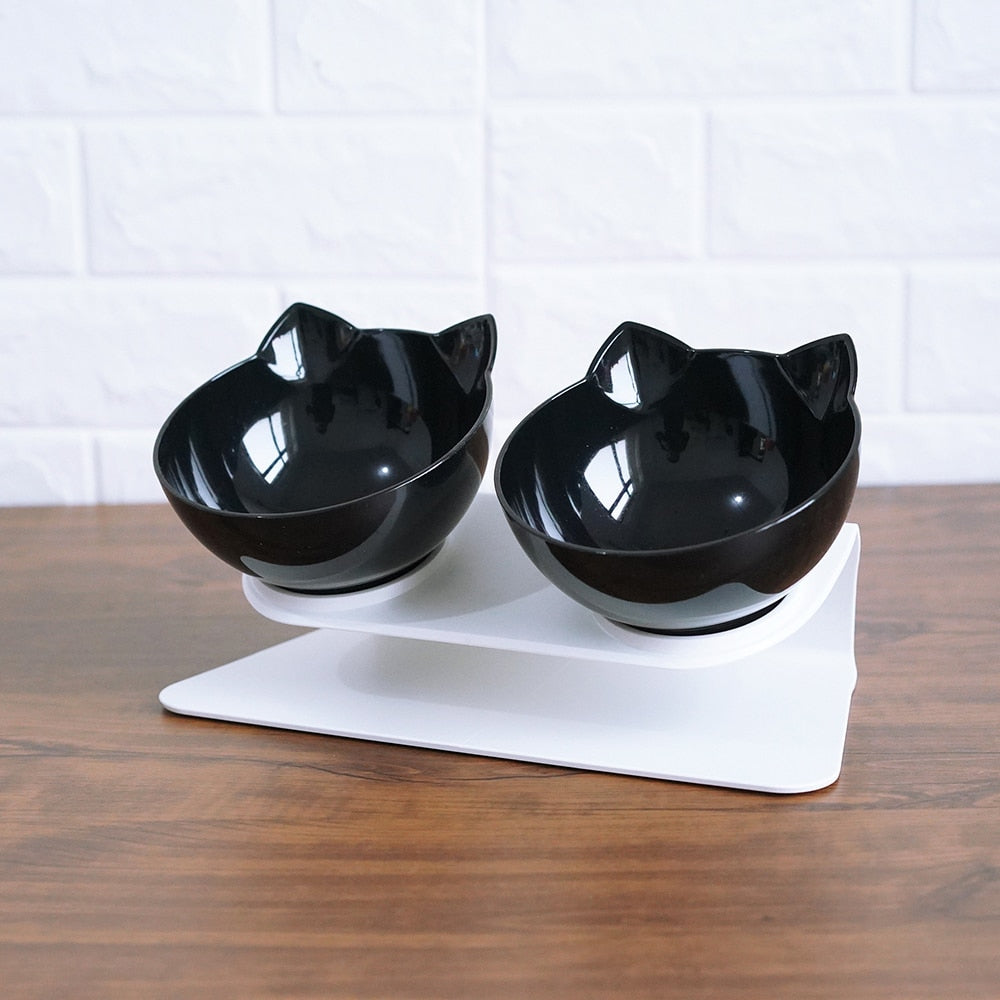 Non-Slip Elevated One Base Dual Cat Bowls - (25 Color/Style Options)