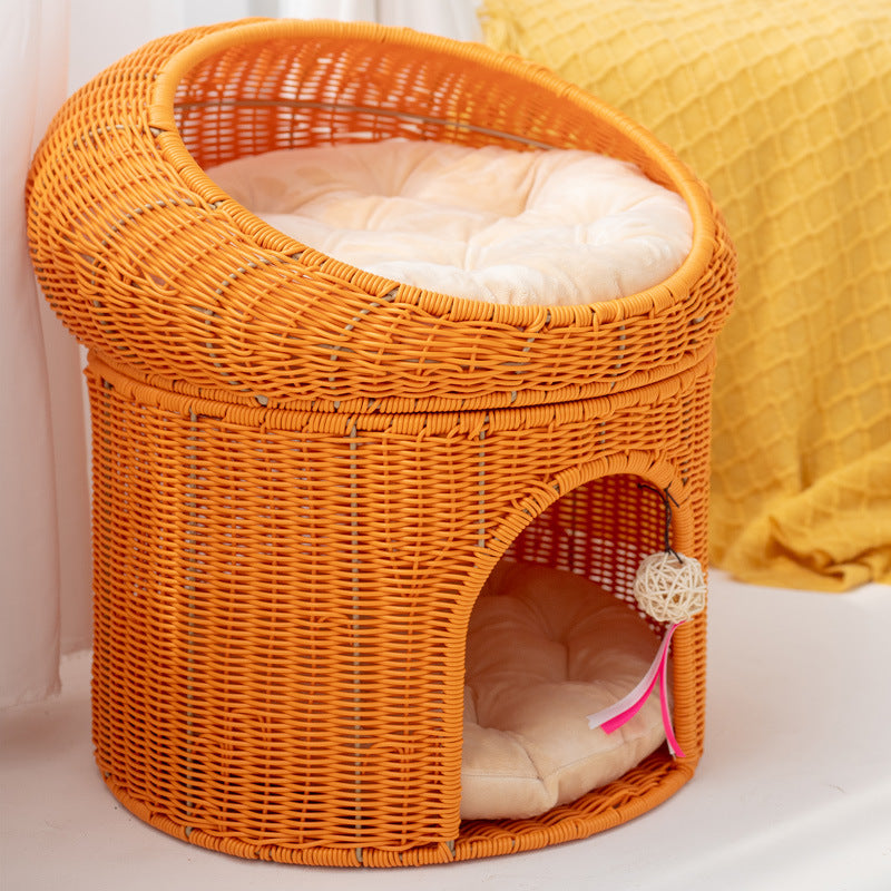 Woven Rattan Double-layer Bed - Cat - (6 Color Options) - (Two Beds in One Piece)