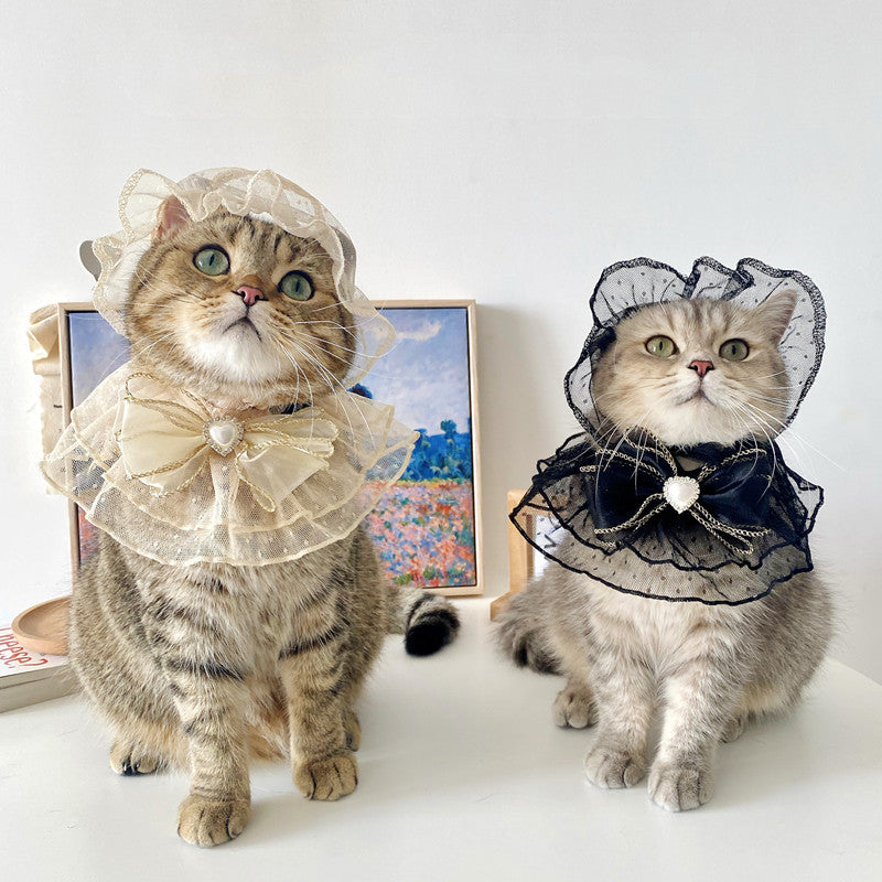 Lace Bibs and Princess Hat - Dog Cat - (Beige, Black) - (S-M) One Size Fits All