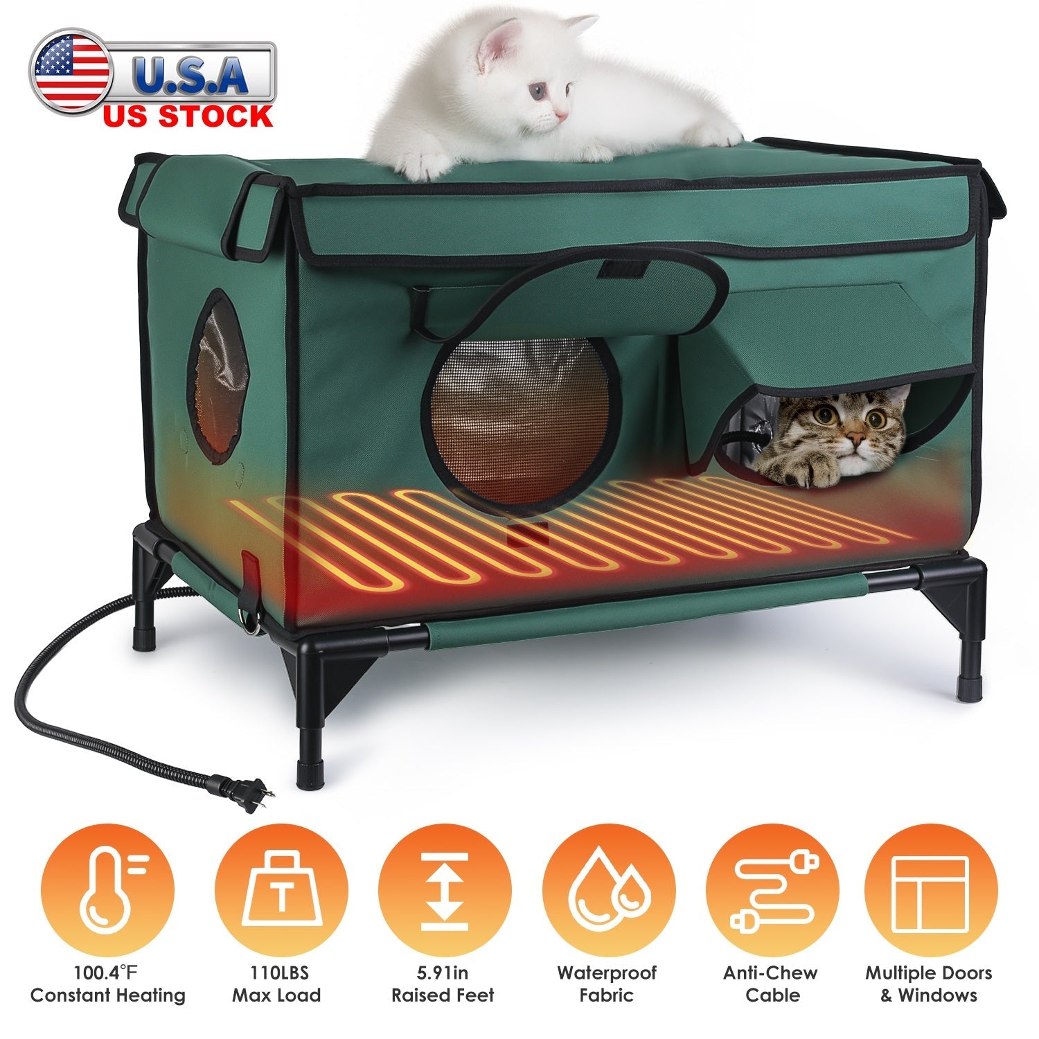 Weatherproof and Heated Shelter House - Multiple Cats - (Green - (While Supplies Last)
