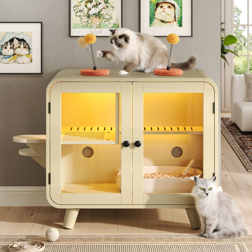 Litter Box Enclosure with LED Light and Glass Doors - Cat - (Total Privacy) - (Toys Included) - (While Supplies Last)