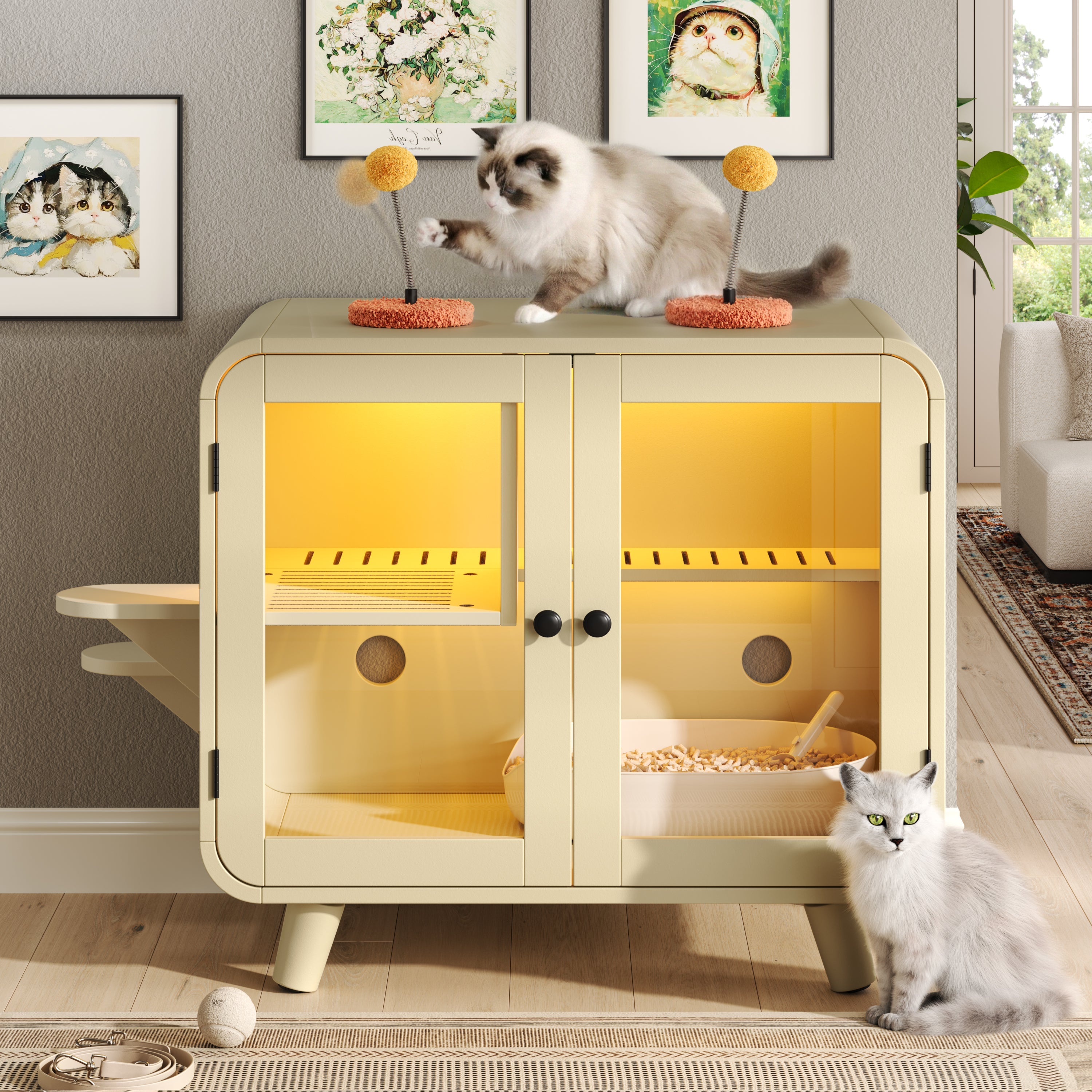 Litter Box Enclosure with LED Light and Glass Doors - Cat - (Total Privacy) - (Toys Included) - (While Supplies Last)