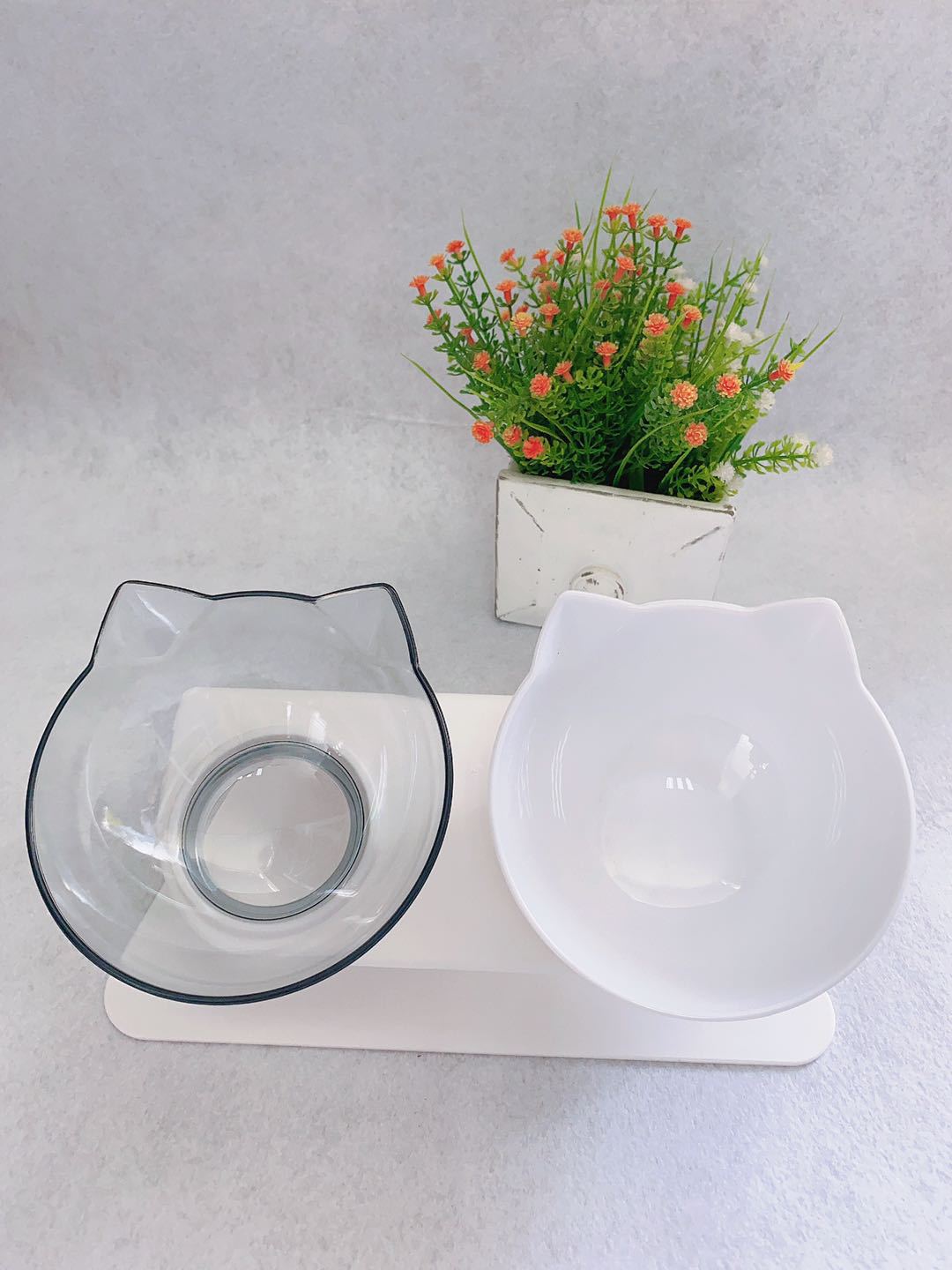 Non-Slip Elevated One Base Dual Cat Bowls - (25 Color/Style Options)