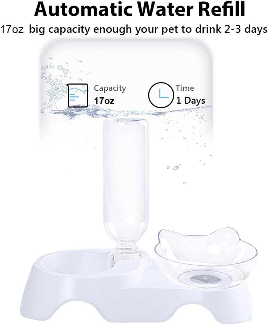 Tilted Water & Food Bowls with Automatic Water Dispenser on White Base - Cat - (Clear)