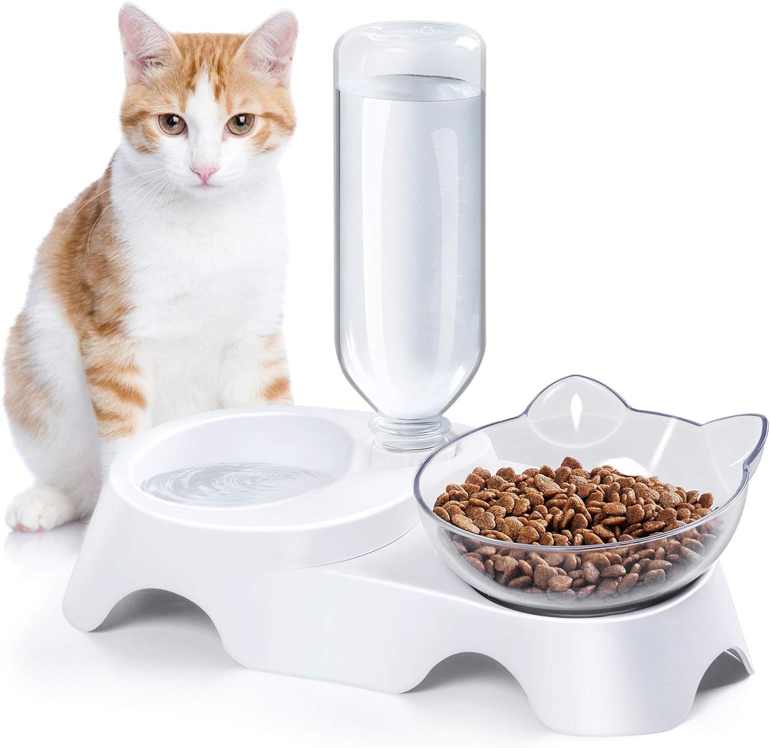 Tilted Water & Food Bowls with Automatic Water Dispenser on White Base - Cat - (Clear)