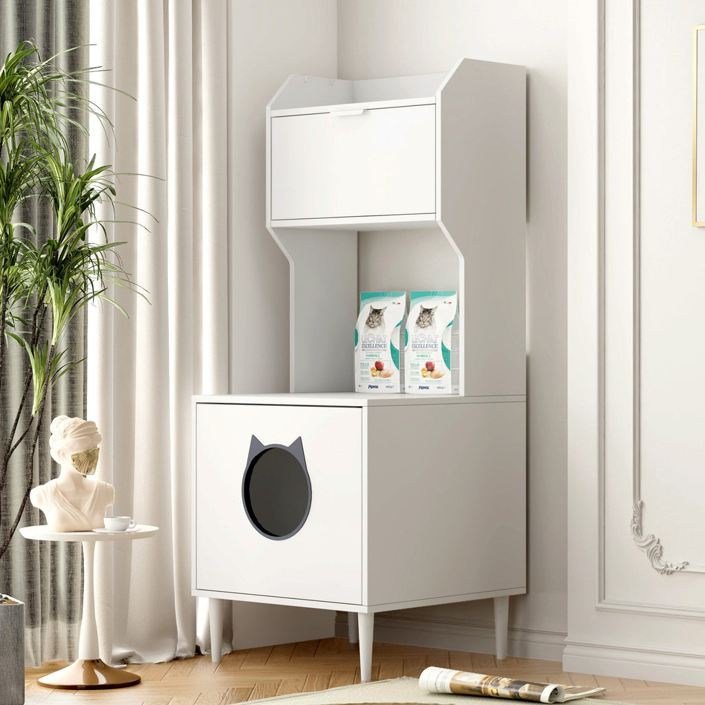 Wood Storage Cabinet, Cat House, and Litter Box Enclosure - Cat - (White) - (Vintage Style)