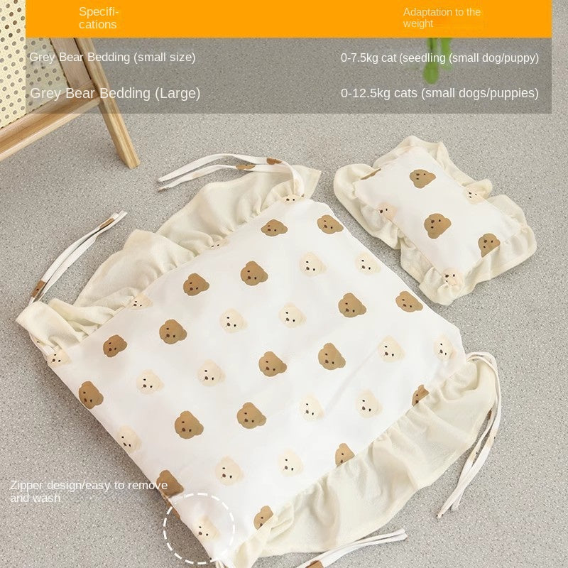 Solid Wood Teddy Bear Bed  - Dog Cat - (Cartoon Bedding Set ) - (S) - (Light Pine) - (Quality)