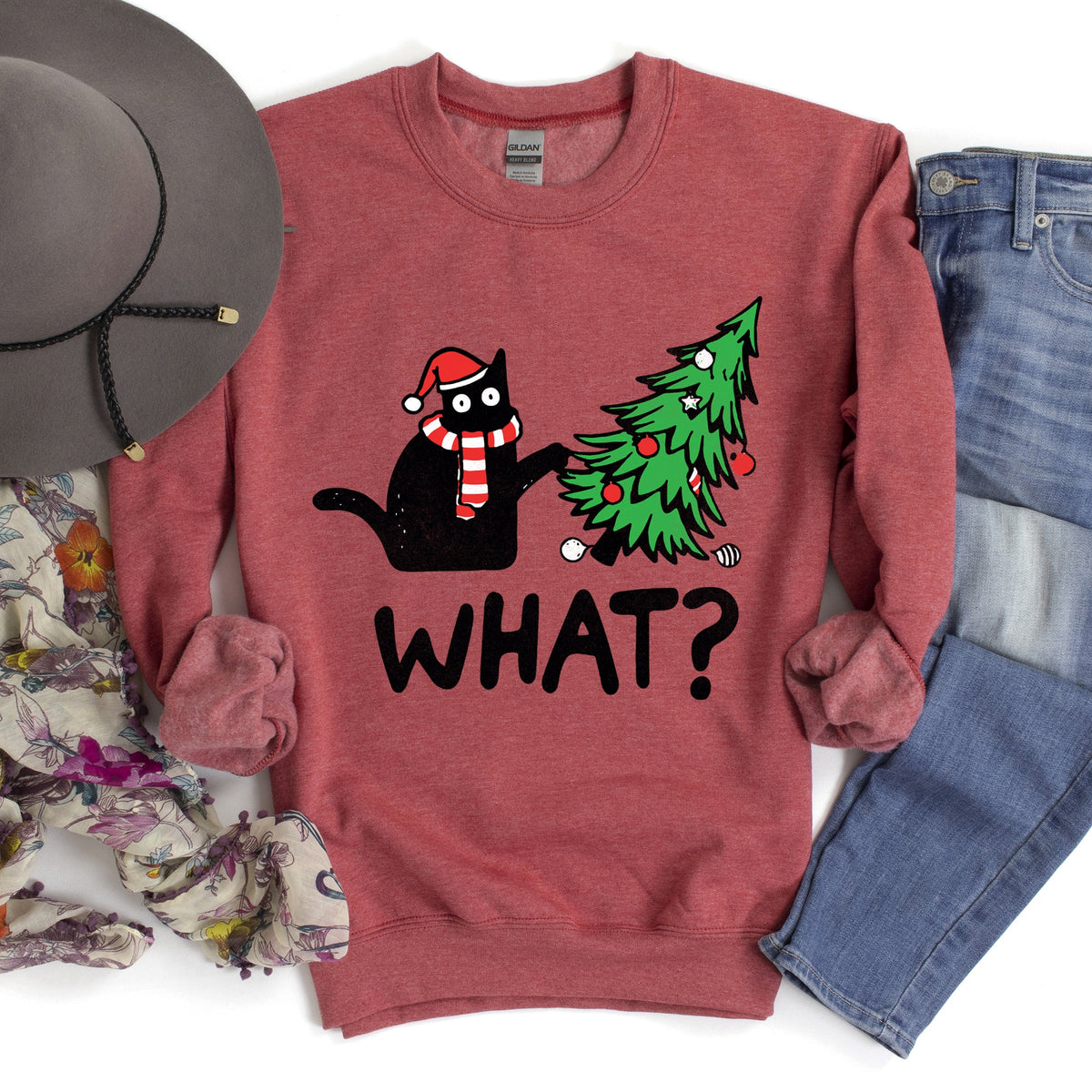 Bad Cat Christmas Tree What ? - Unisex Sweatshirt - (Holiday Feline Humor) - (Cozy Quirky Mischief Artwork)  - (S-2XL) - (8 Color Options)  - (While Supplies Last)