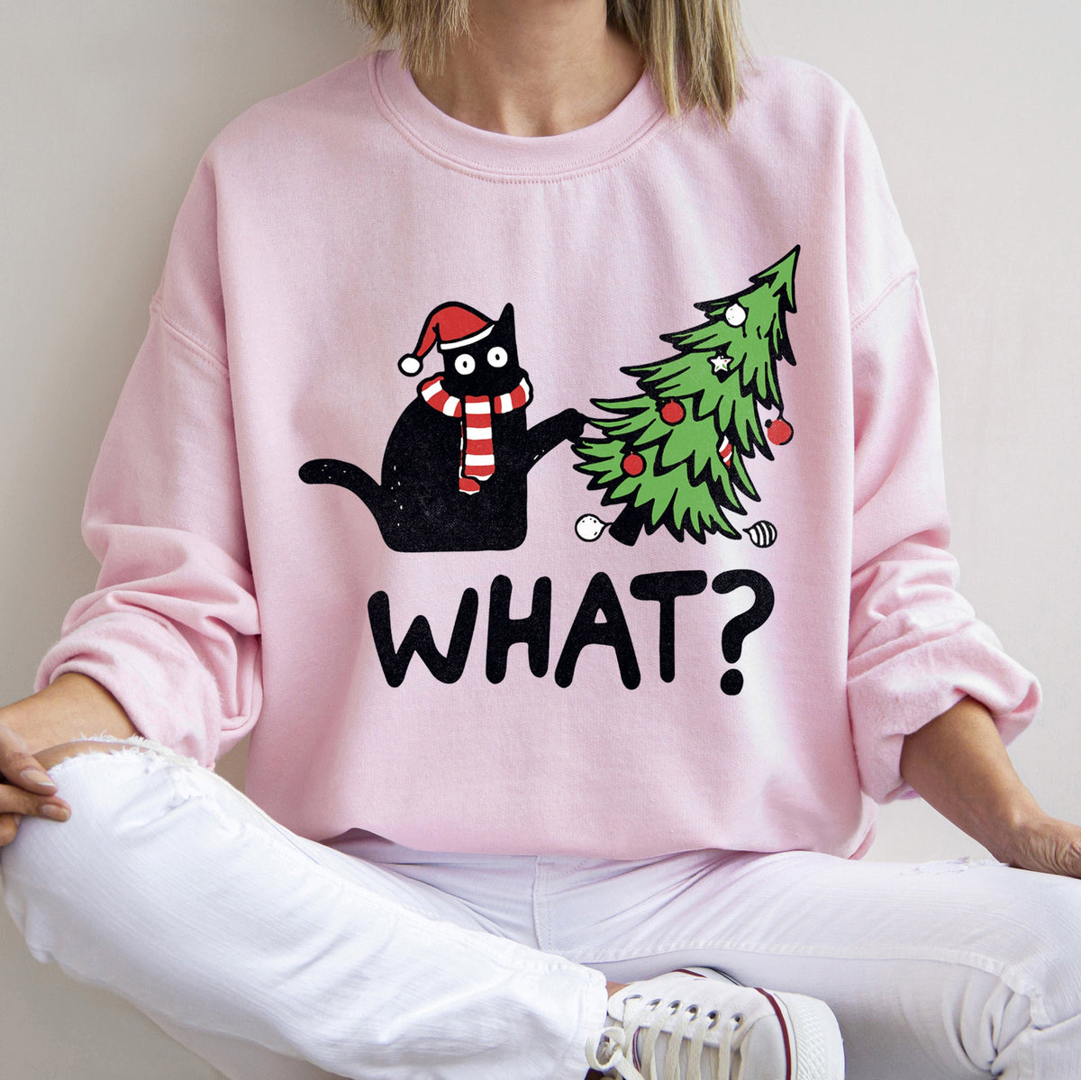Bad Cat Christmas Tree What ? - Unisex Sweatshirt - (Holiday Feline Humor) - (Cozy Quirky Mischief Artwork)  - (S-2XL) - (8 Color Options)  - (While Supplies Last)