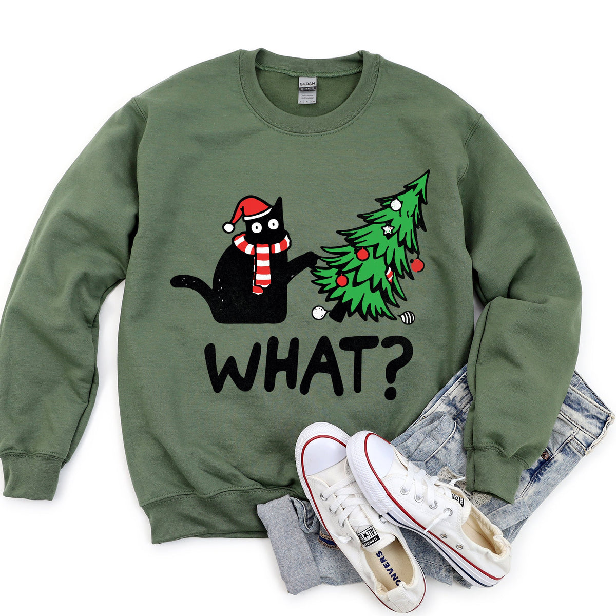 Bad Cat Christmas Tree What ? - Unisex Sweatshirt - (Holiday Feline Humor) - (Cozy Quirky Mischief Artwork)  - (S-2XL) - (8 Color Options)  - (While Supplies Last)