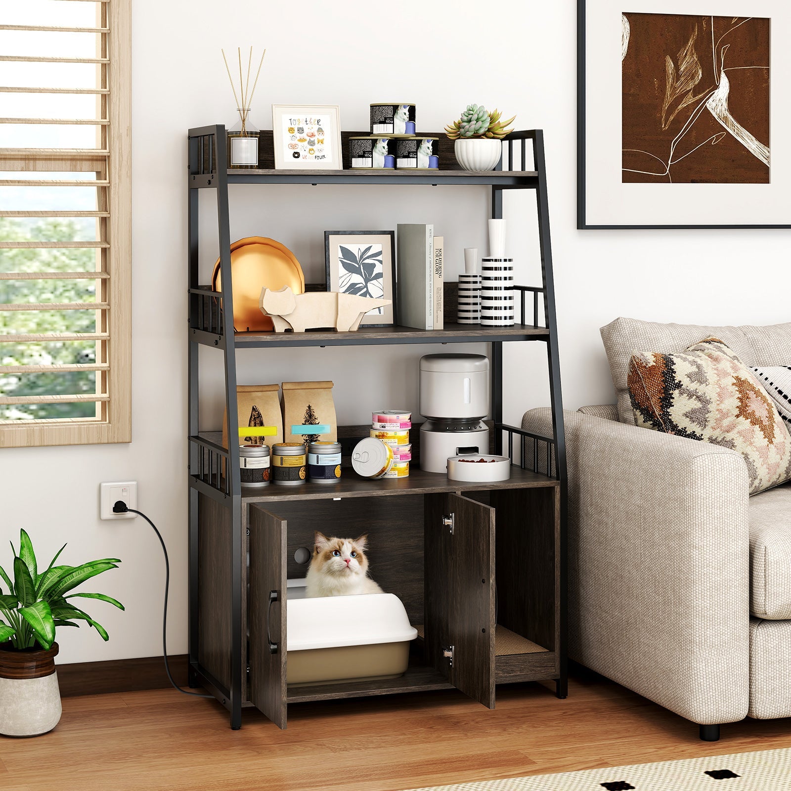 Litter Box Furniture Enclosure with Storage Shelves, or Cozy Condo with Scratching Pad - Cat - (3 Color Options)