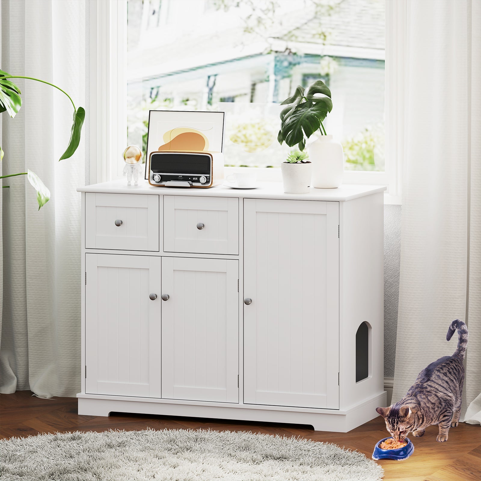 Cat Litter Box Enclosure with 2 Drawers and 3 Doors - Cat - (White)