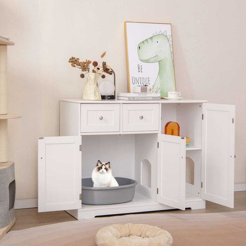 Cat Litter Box Enclosure with 2 Drawers and 3 Doors - Cat - (White)