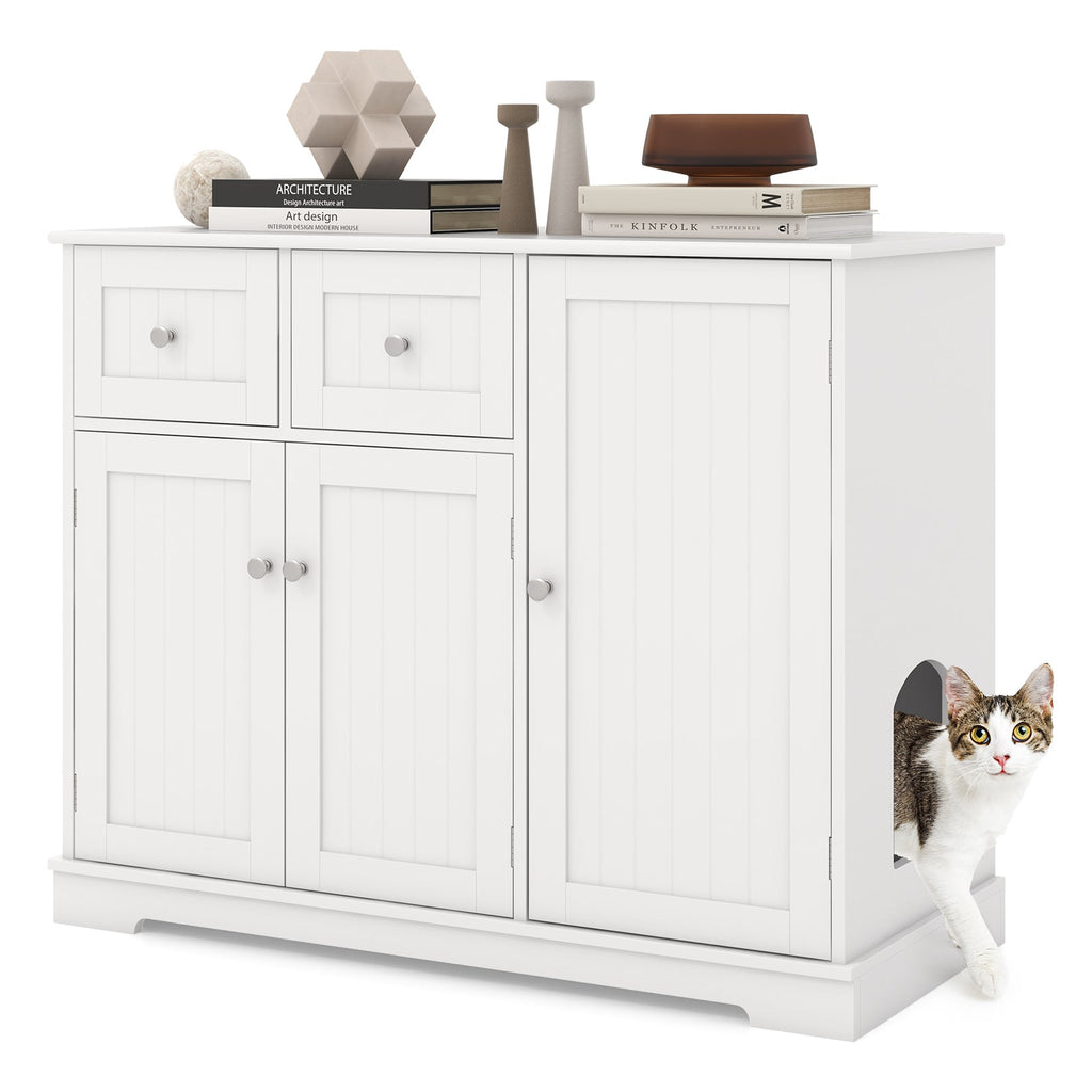 Cat Litter Box Enclosure with 2 Drawers and 3 Doors - Cat - (White)