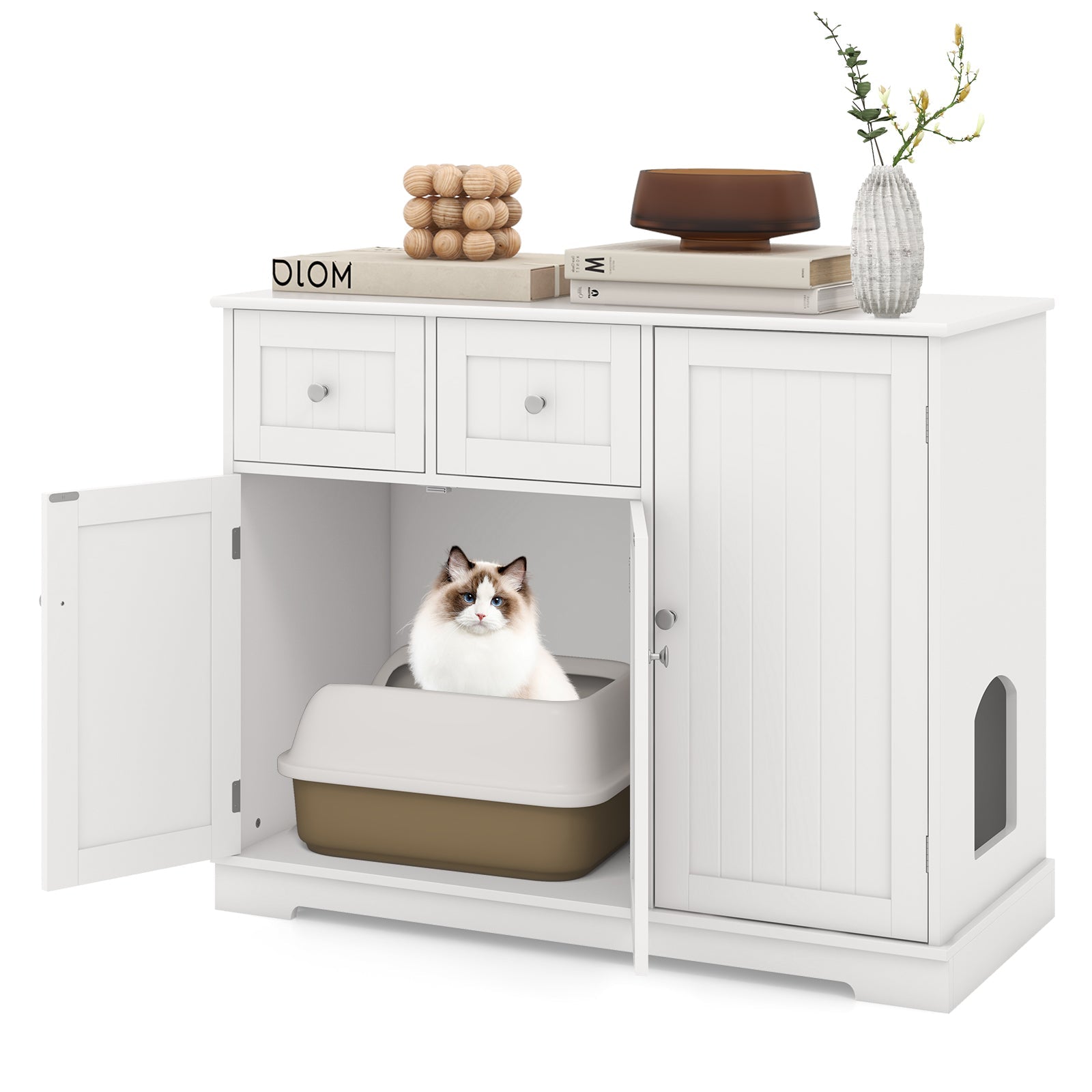 Cat Litter Box Enclosure with 2 Drawers and 3 Doors - Cat - (White)