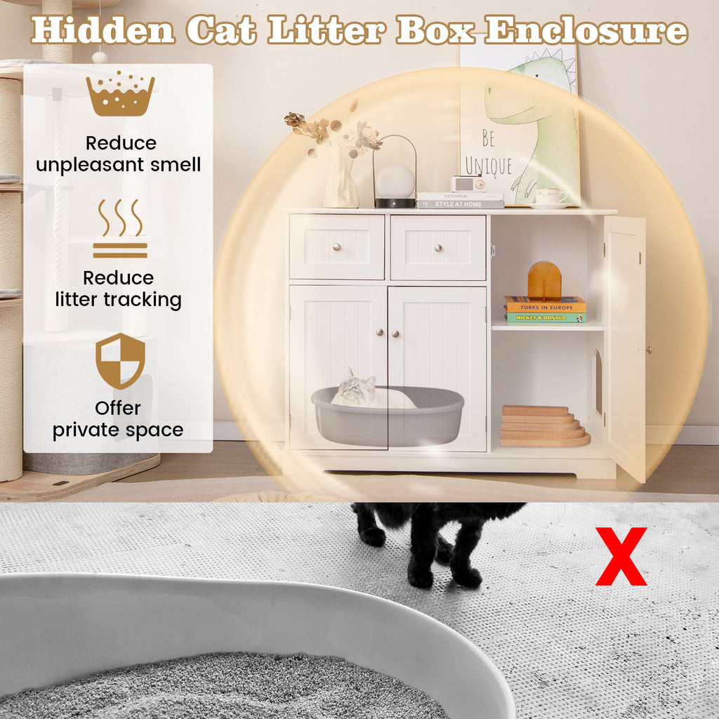 Cat Litter Box Enclosure with 2 Drawers and 3 Doors - Cat - (White)