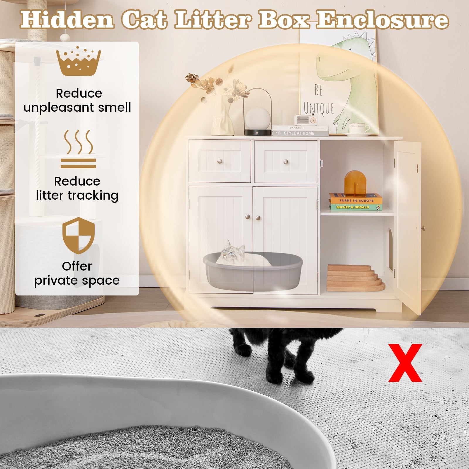 Cat Litter Box Enclosure with 2 Drawers and 3 Doors - Cat - (White)