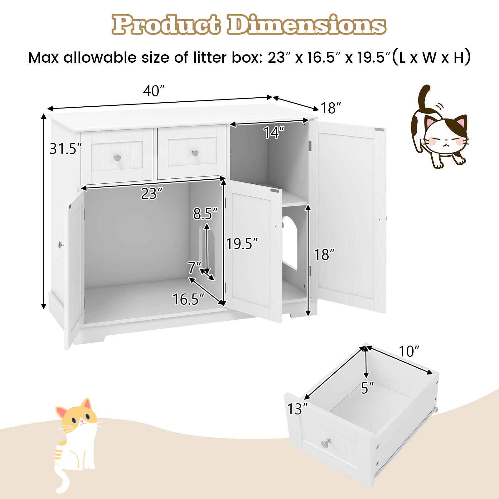 Cat Litter Box Enclosure with 2 Drawers and 3 Doors - Cat - (White)