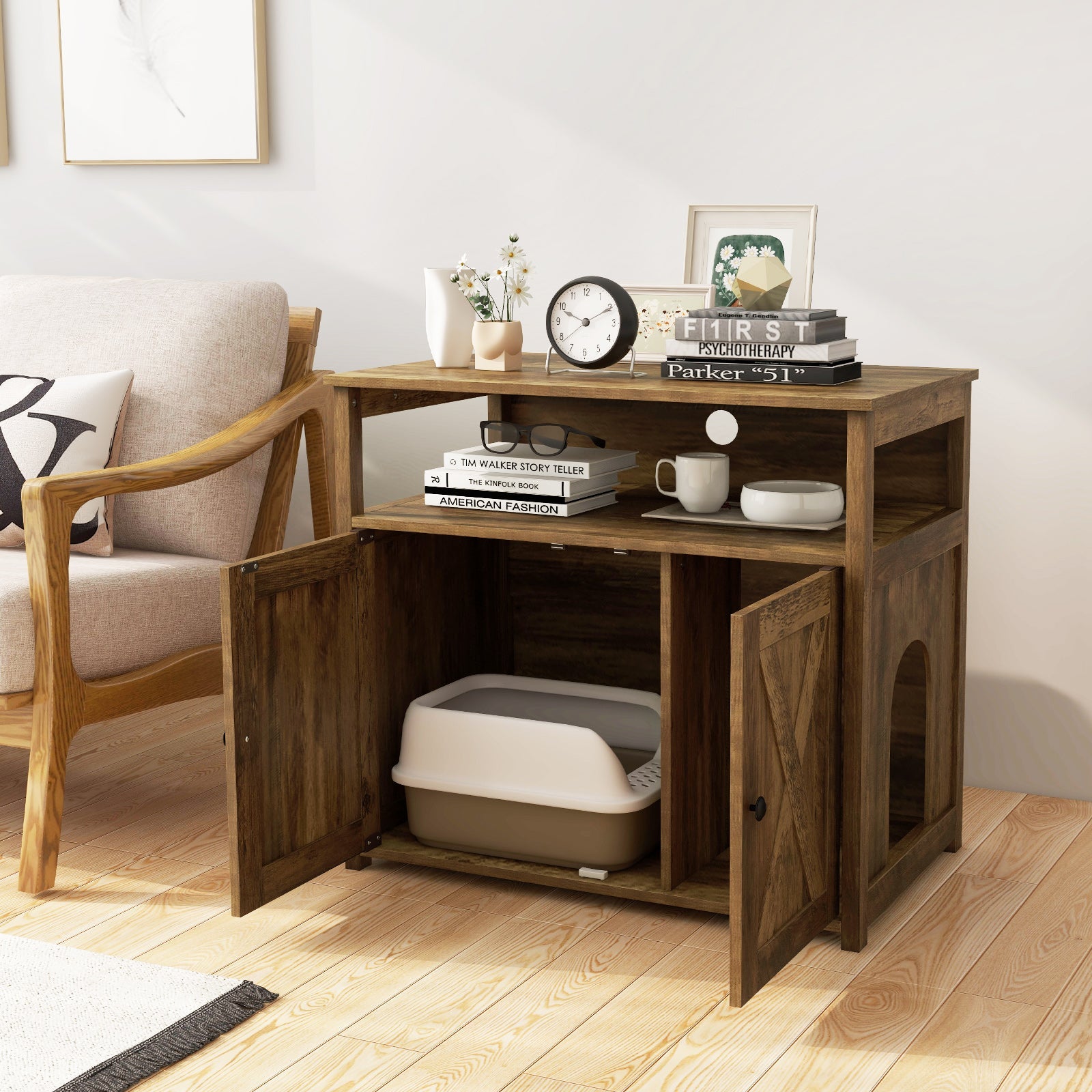 Litter Box Furniture Cabinet Enclosure with Barn Doors, or Cozy Condo with Side Entry - Cat - (Wood)