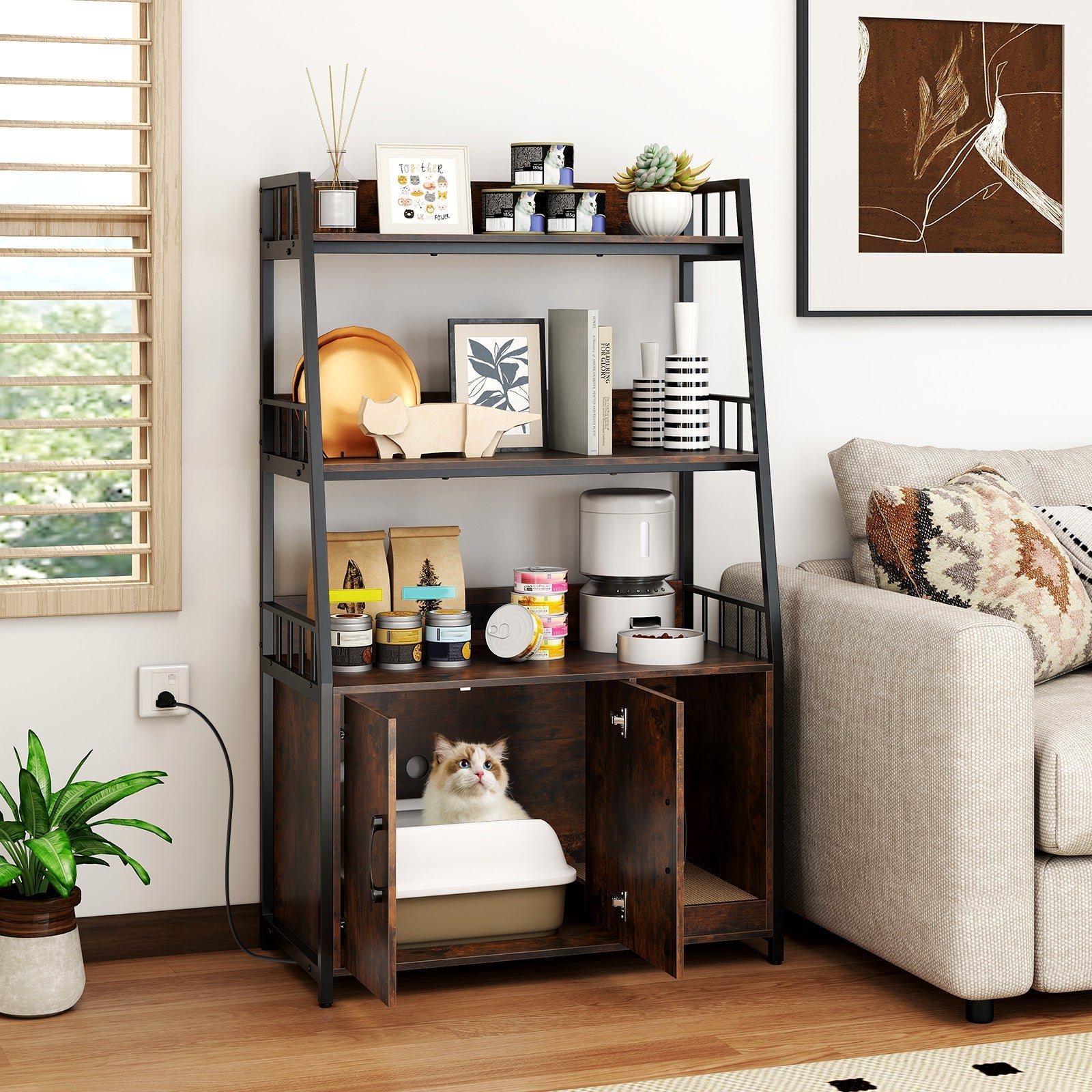 Litter Box Furniture Enclosure with Storage Shelves, or Cozy Condo with Scratching Pad - Cat - (3 Color Options)