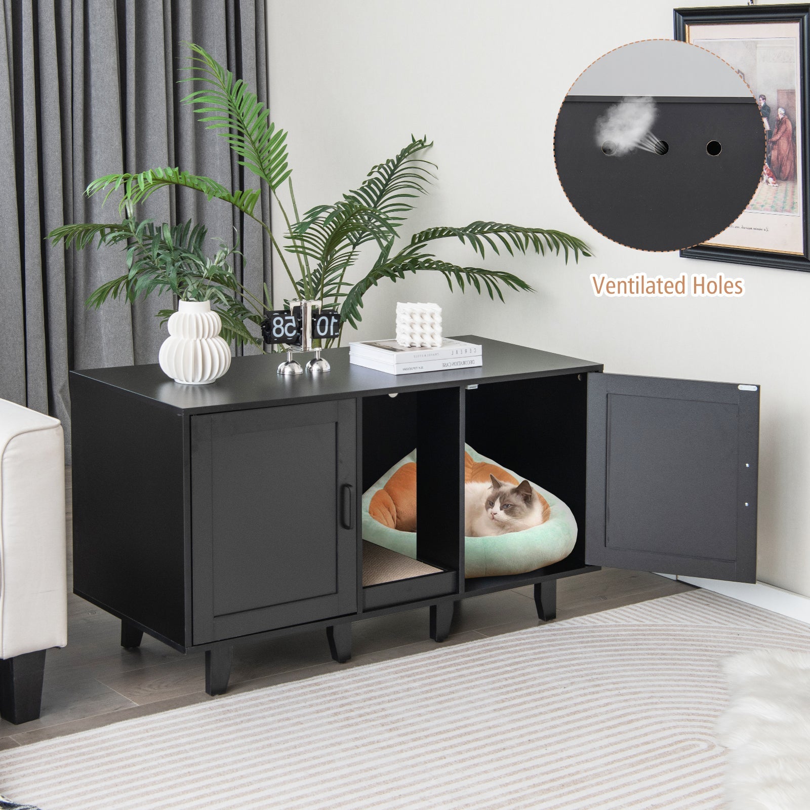 2-Door Litter Box Furniture Enclosure with Scratching Board, or Cozy Condo - Cat - Black