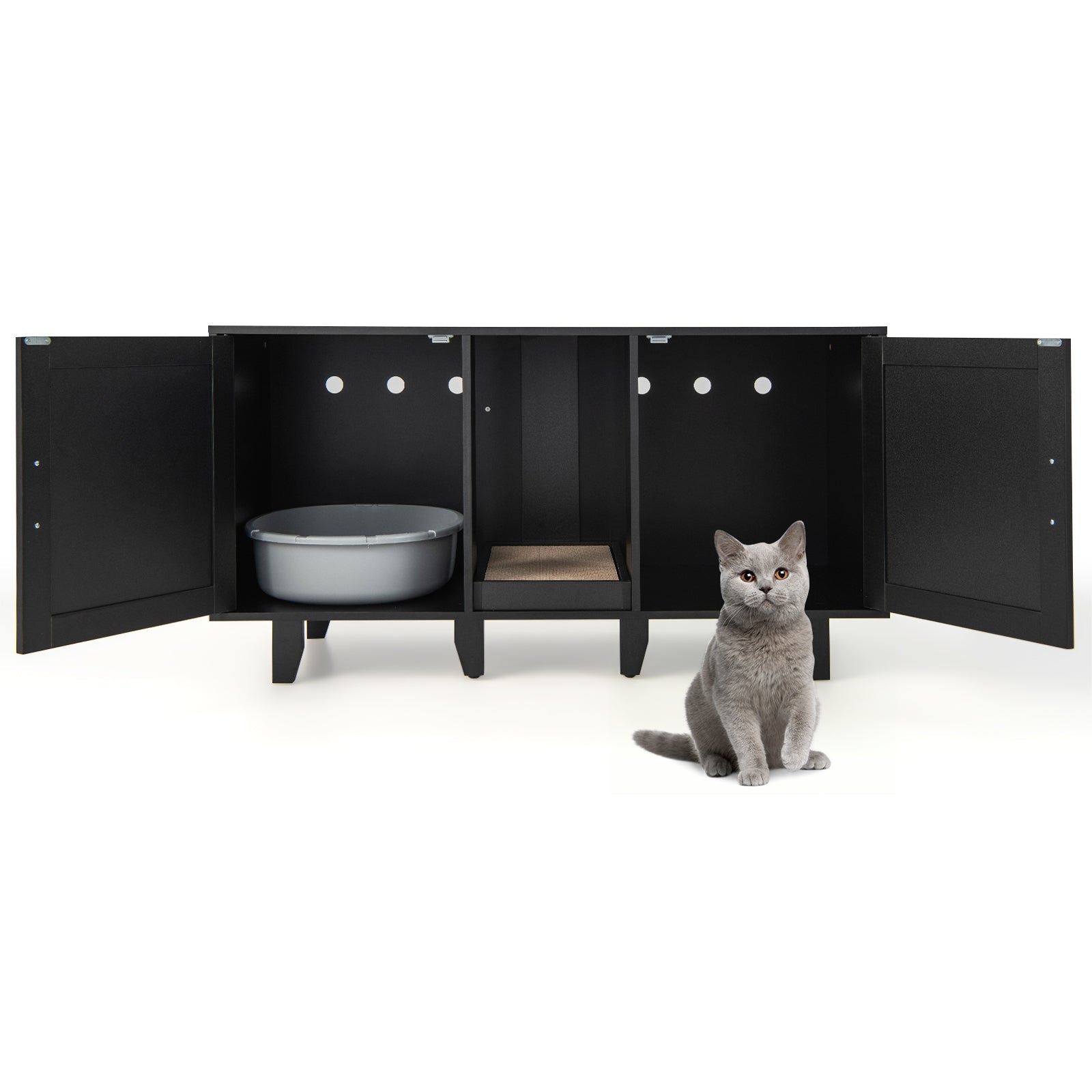2-Door Litter Box Furniture Enclosure with Scratching Board, or Cozy Condo - Cat - Black