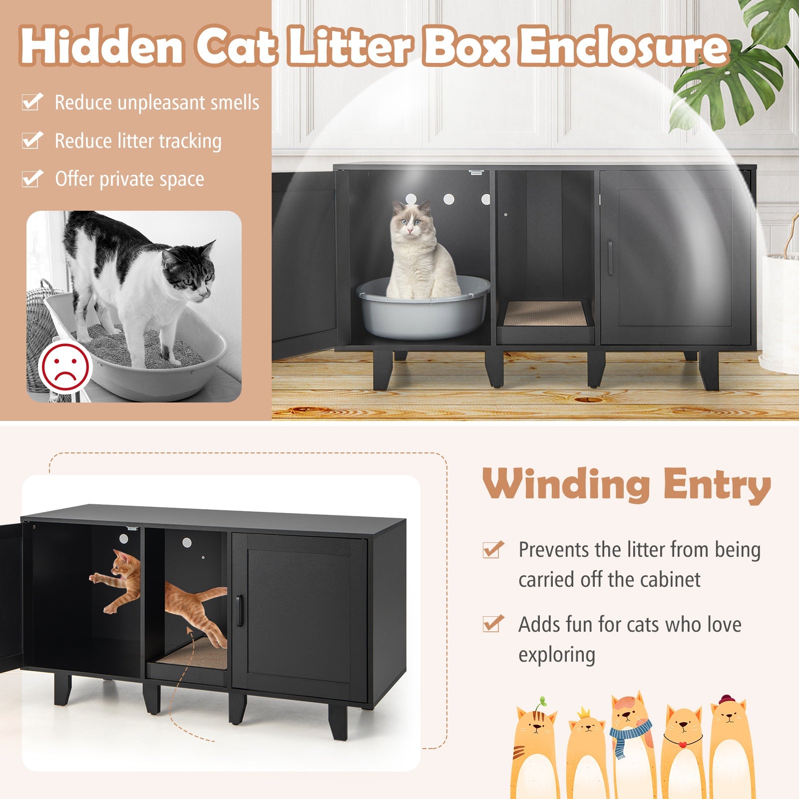 2-Door Litter Box Furniture Enclosure with Scratching Board, or Cozy Condo - Cat - Black