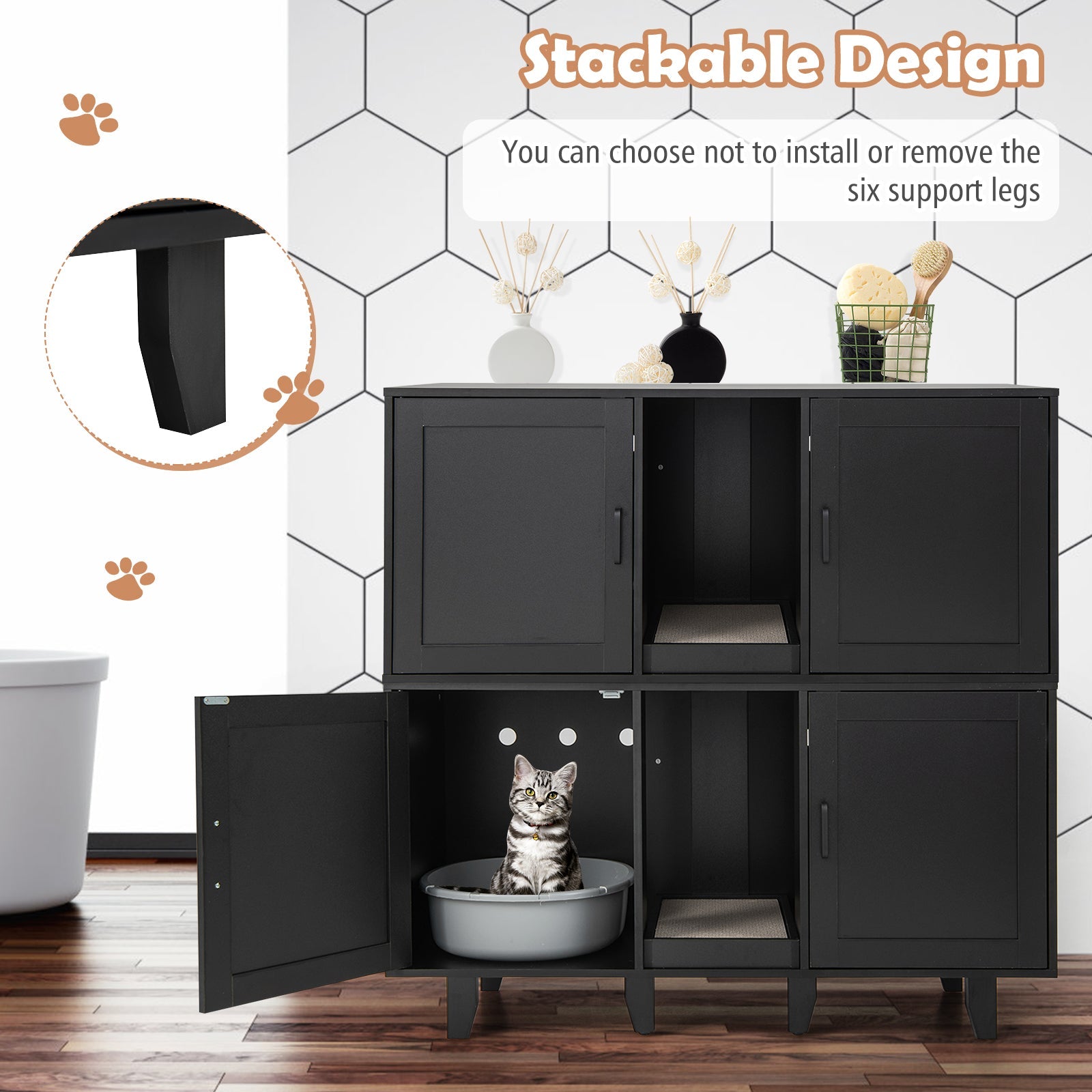 2-Door Litter Box Furniture Enclosure with Scratching Board, or Cozy Condo - Cat - Black