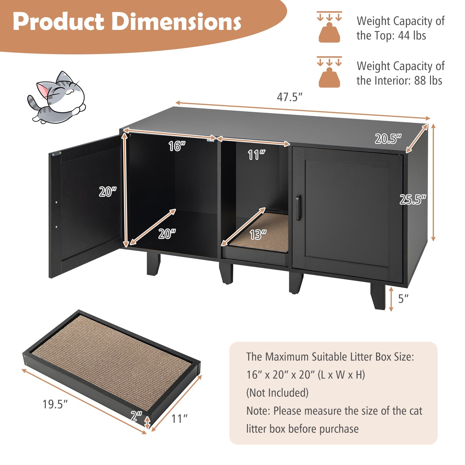 2-Door Litter Box Furniture Enclosure with Scratching Board, or Cozy Condo - Cat - Black