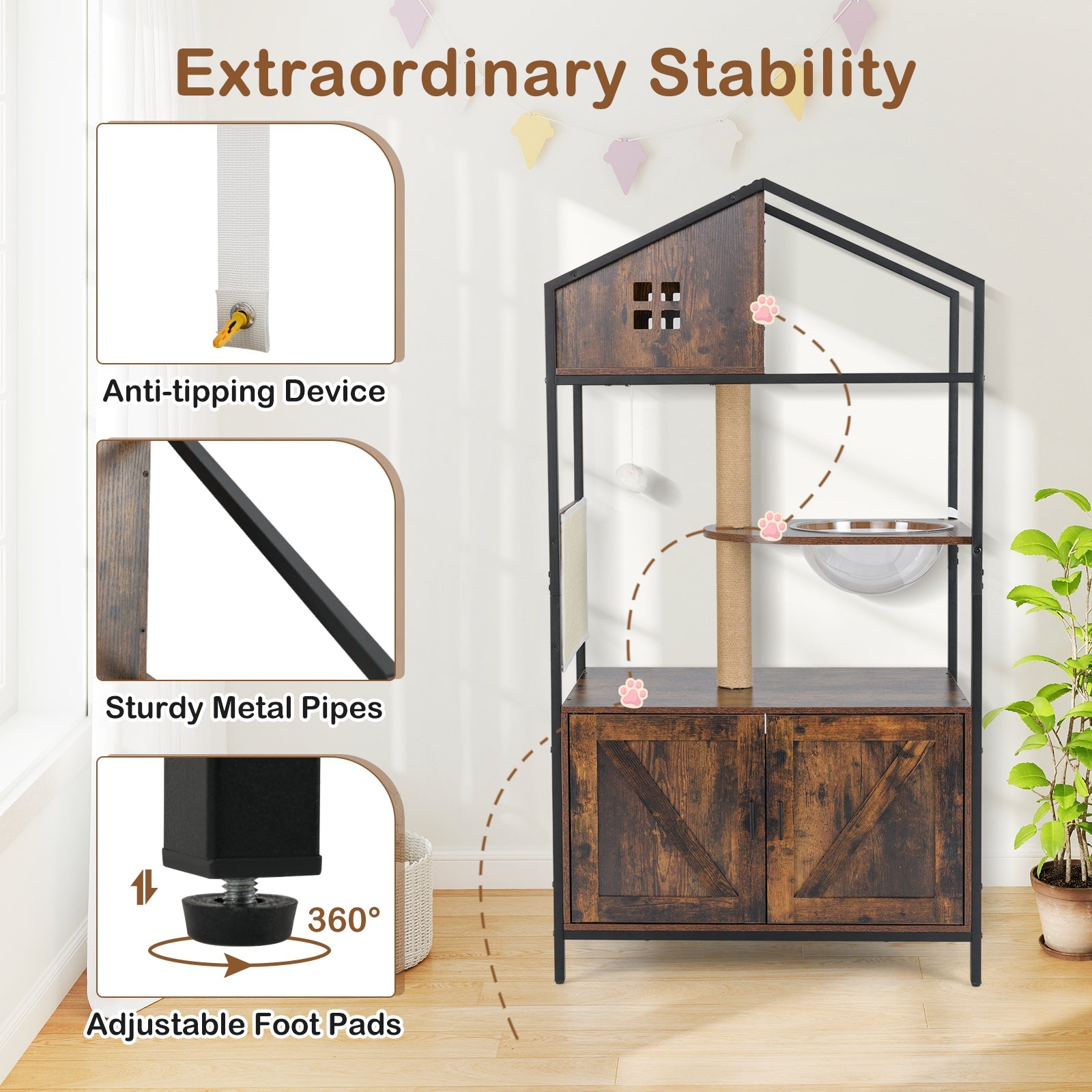 Cat Tree with Litter Box Enclosure Industrial Cat Tower Multi-level Cat Condo Furniture for Indoor Cats-Rustic Brown
