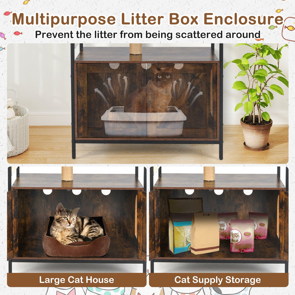 Cat Tree with Litter Box Enclosure Industrial Cat Tower Multi-level Cat Condo Furniture for Indoor Cats-Rustic Brown