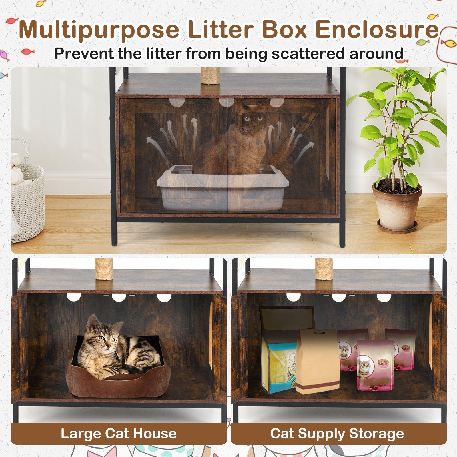 Cat Tree with Litter Box Enclosure Industrial Cat Tower Multi-level Cat Condo Furniture for Indoor Cats-Rustic Brown