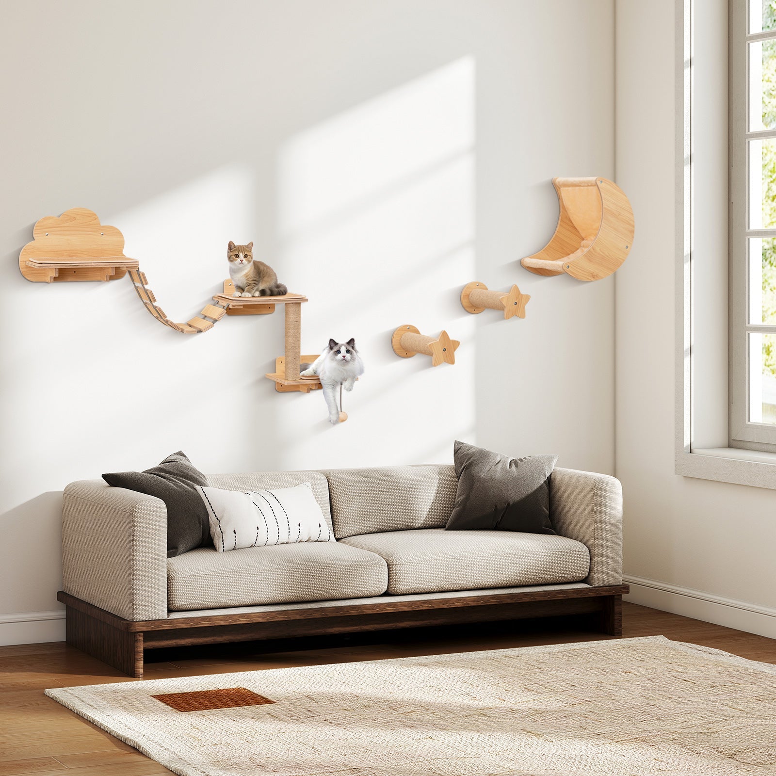 Shelves with Hammock Set - Cat - (Wall Mounted) - (6 Pcs) - (Solid Plywood)