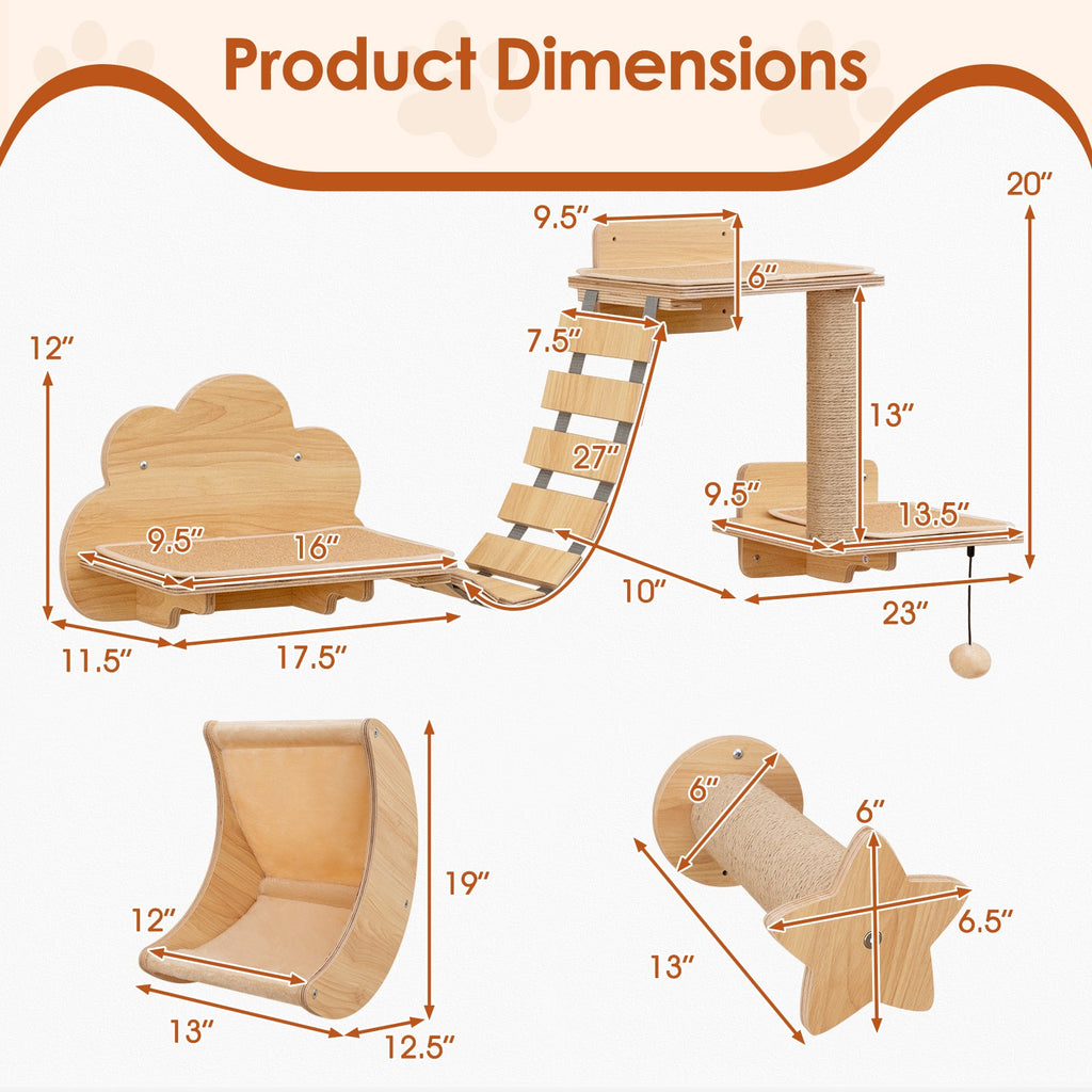 Shelves with Hammock Set - Cat - (Wall Mounted) - (6 Pcs) - (Solid Plywood)
